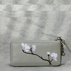 Magnolia Flower Embroidery Gray Leather Magnolia Wristlet Wallet Womens Zip Around Wallets Flowers Magnolia Ladies Zipper Clutch Wallet for Women
