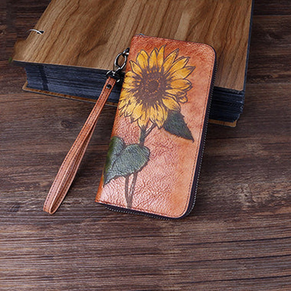 Handmade Sunflower Brown Leather Wristlet Wallet Womens Zip Around Wallets Sunflower Ladies Zipper Clutch Wallet for Women