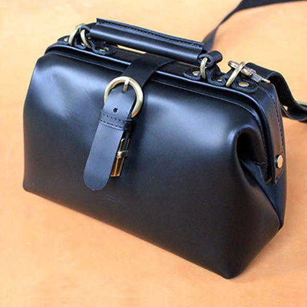 Womens Black Leather Doctor Handbags Shoulder Purse Vintage Black Doctor Purses for Women