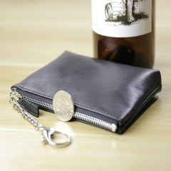 Cute Women Navy Leather Mini Zip Billfold Wallet with Keychain Coin Wallet Small Zip Change Wallet For Women