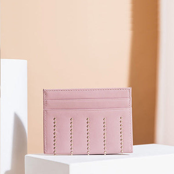 Cute Women Pink Sheepskin Card Holder Slim Card Wallet Card Holder with Rivets Credit Card Holder For Women