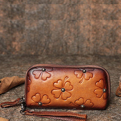 Handmade Brown Womens Clover Leather Long Wallet Zipper Clutch Wristlet Wallet for Women