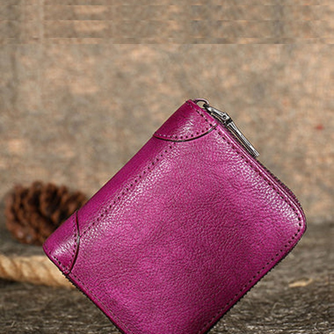 Purple Small Leather Bifold Wallet Around Zip Billfold Cute Women Zipper Wallet For Ladies