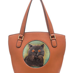Handmade Womens Brown Leather Tote Handbag Purse Black Cat Tote Bag for Women