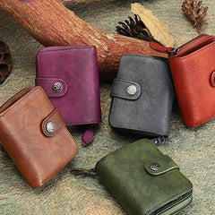 Small Leather Trifold Wallet Vintage Billfold Cute Women Buckle Wallet For Ladies