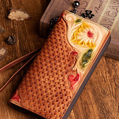 Handmade Flowers Brown Leather Wristlet Wallet Womens Floral Zip Around Wallets Flowers Ladies Zipper Clutch Wallet for Women