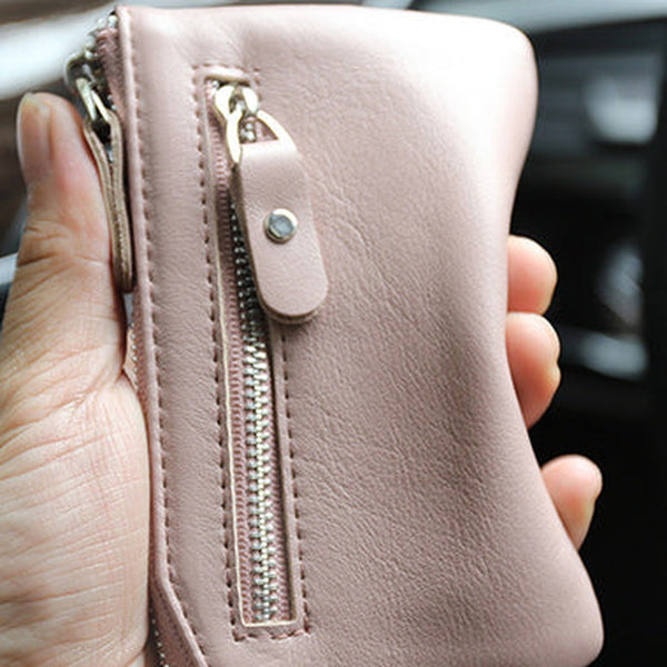 Slim Womens Pink Leather Zip Wallet With Keychain Card Wallet Zip Coin Wallet for Ladies