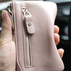 Slim Womens Pink Leather Zip Wallet With Keychain Card Wallet Zip Coin Wallet for Ladies