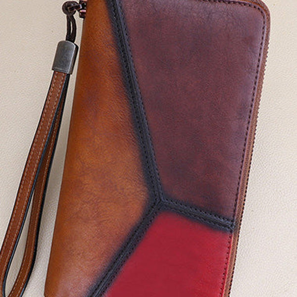 Vintage Multicolor Geometric Brown&Red&Coffee Leather Wristlet Wallet Womens Flower Zip Around Wallets Flowers Ladies Zipper Clutch Wallet for Women