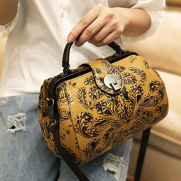 Handamde Womens Red Leather Doctor Handbag Purses Floral Red Doctor Crossbody Purse for Women