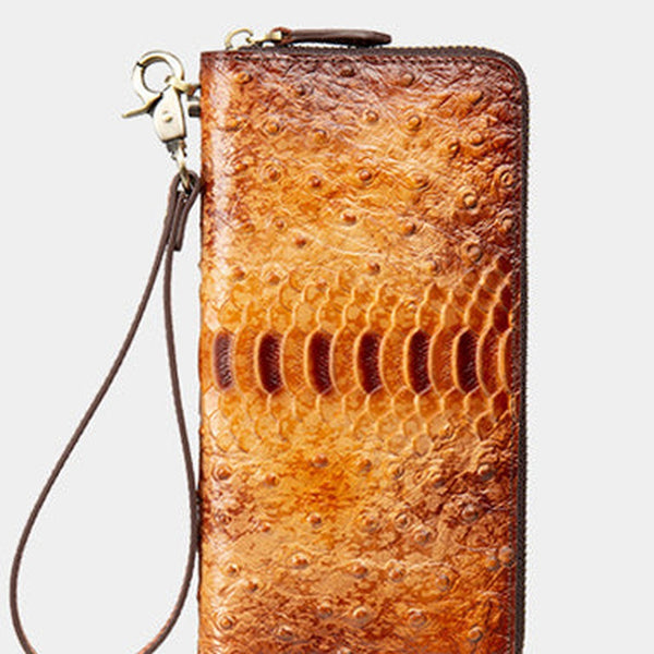 Womens Yellow&Coffee Leather Zip Around Wallets Ostrich Pattern Wristlet Wallets Ladies Zipper Clutch Wallet for Women