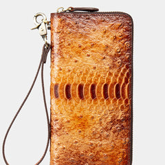 Womens Yellow&Coffee Leather Zip Around Wallets Ostrich Pattern Wristlet Wallets Ladies Zipper Clutch Wallet for Women