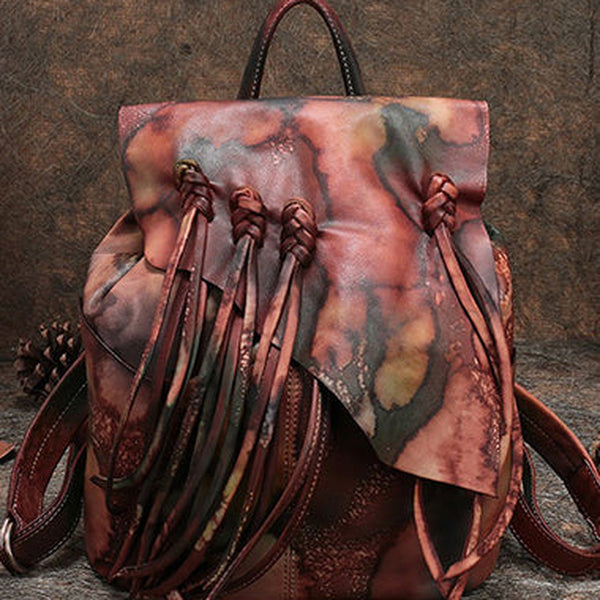 Vintage Red Leather Rucksack WIth Tassels Womens Western Leather Backpack Ladies Backpack Purses