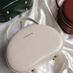 Womens White Leather Half Round Crossbody Purse Round Shoulder Bags for Women