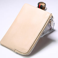 Slim Women Beige Leather Zip Wallet with Keychains Billfold Minimalist Coin Wallet Small Zip Change Wallet For Women