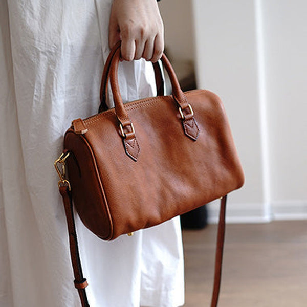 Brown Leather Boston Handbag Trendy Women Boston Crossbody Purse for Women