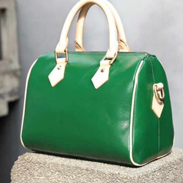 Fashion Womens Green Leather Small Boston Handbag Best Green Leather Boston Purse Side Bag