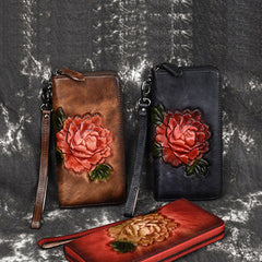 Womens Leather Zip Around Wallet Peony Flower Wristlet Wallet Floral Ladies Zipper Clutch Wallet for Women