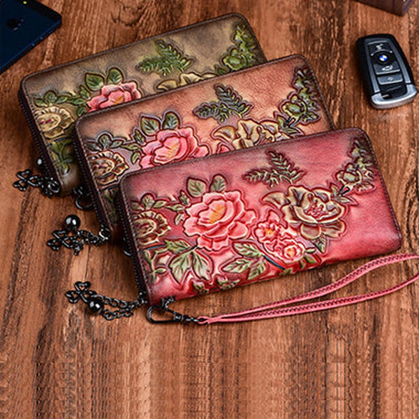 Womens Peony Flower Leather Zip Around Wallet Wristlet Wallet Floral Ladies Zipper Clutch Wallet for Women