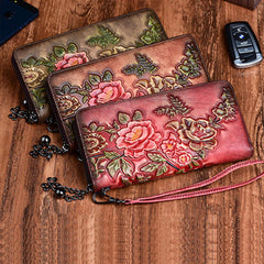 Womens Peony Flower Leather Zip Around Wallet Wristlet Wallet Floral Ladies Zipper Clutch Wallet for Women