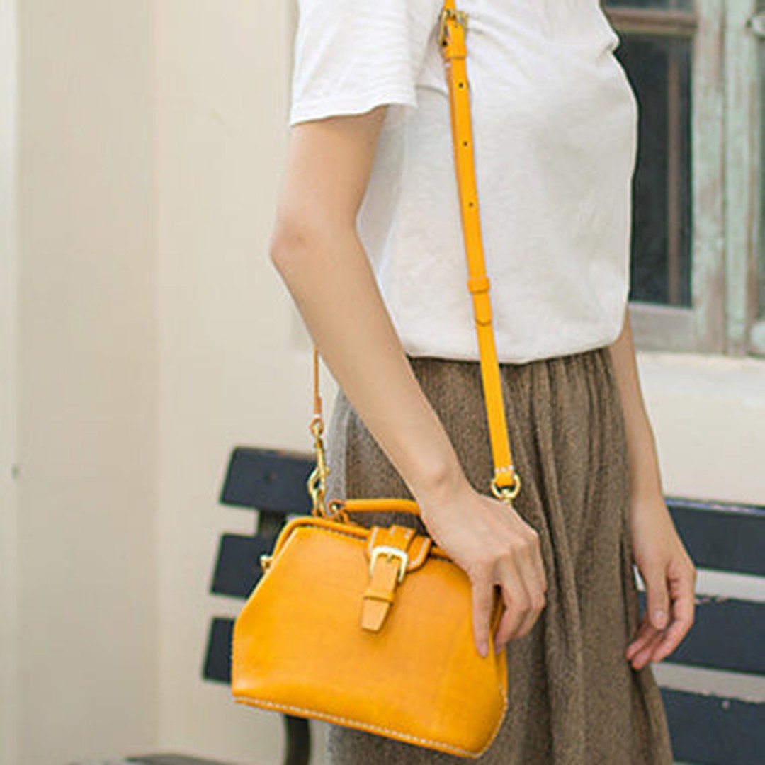 Handmade Womens Yellow Leather Small doctor Purse Yellow shoulder doctor bags for women