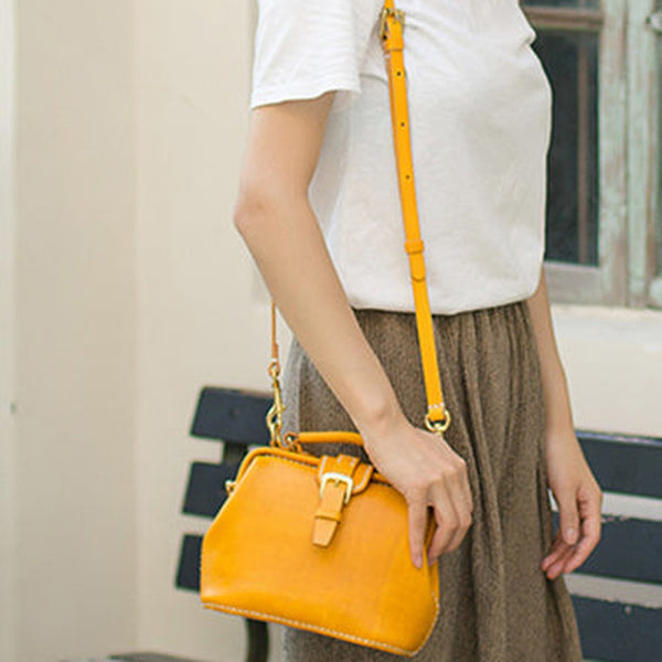 Handmade Womens Yellow Leather Small doctor Purse Yellow shoulder doctor bags for women