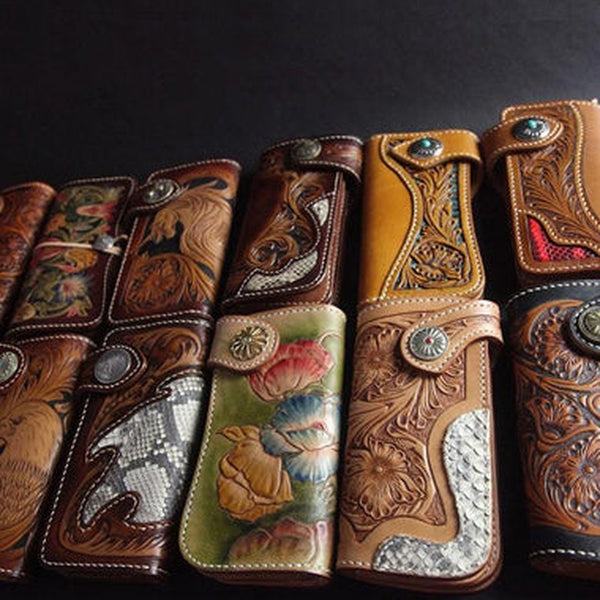 Handmade Skull Tooled Black Leather Mens Long Biker Wallet Biker Chain Wallet For Men
