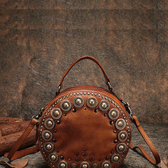 Handmade Womens Brown Leather Round Handbag Purses Rivet Round Shoulder Bag Crossbody Handbag for Women
