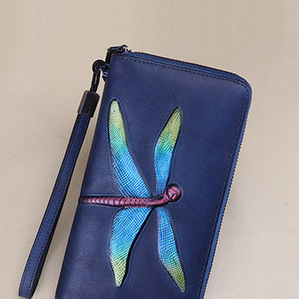 Dragonfly Blue Leather Wristlet Wallets Womens Zip Around Wallet Ladies Zipper Clutch Wallets for Women