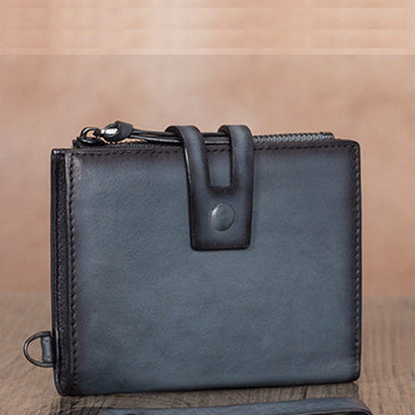 Vintage Gray Leather Small Wristlet Wallet Womens Billfold Wallet Bifold Small Wallet for Women