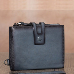 Vintage Gray Leather Small Wristlet Wallet Womens Billfold Wallet Bifold Small Wallet for Women