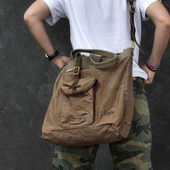 Washed Canvas Leather Mens 15'' Army Green Tote Bag Handbag Tote Bag Light Coffee Shoulder Bag Tote Purse For Men