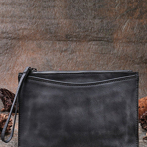 Handmade Womens Gray Leather Large Wristlet Wallet Slim Zip Clutch Purse Ladies Zipper Clutch Wallets for Women