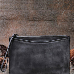 Handmade Womens Gray Leather Large Wristlet Wallet Slim Zip Clutch Purse Ladies Zipper Clutch Wallets for Women