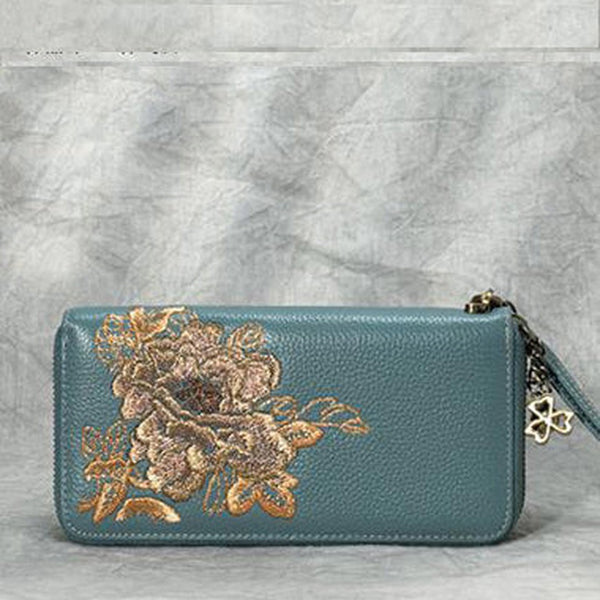 Peony Embroidery Blue Leather Peony Wristlet Wallet Womens Zip Around Wallets Flowers Peony Ladies Zipper Clutch Wallet for Women