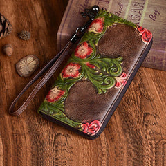 Womens Floral Coffee Leather Wristlet Wallets Flowers Zip Around Wallet Floral Ladies Zipper Clutch Wallet for Women
