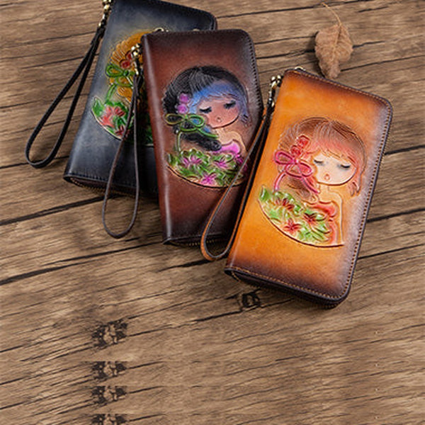 Womens Leather Zip Around Wallets Singing Girl Wristlet Wallets Flower Ladies Zipper Clutch Wallet for Women