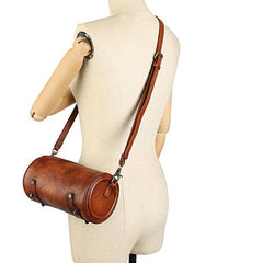 Vintage Brown Leather Womens Barrel Shoulder Bag Bucket Crossbody Purse for Women