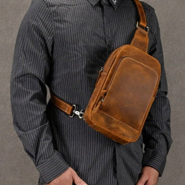 Brown One Strap Backpack For Men Leather Men's Sling Bag Sling Pack Leather Chest Bag