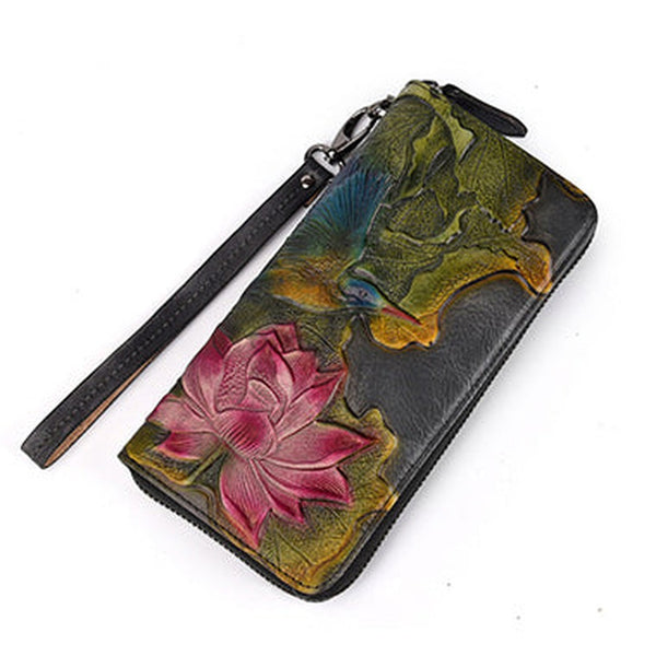 Womens Lotus Flower&Hummingbird Black Leather Zip Around Wallet Wristlet Wallet Flower Ladies Zipper Clutch Wallet for Women