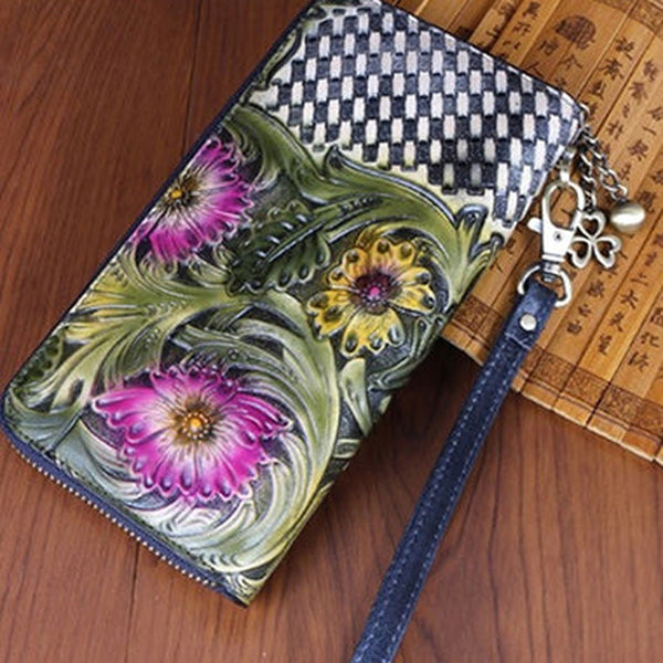 Vintage Handmade Flowers Floral Gray Leather Wristlet Wallet Womens Zip Around Wallets Flowers Ladies Zipper Clutch Wallet for Women