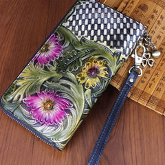 Vintage Handmade Flowers Floral Gray Leather Wristlet Wallet Womens Zip Around Wallets Flowers Ladies Zipper Clutch Wallet for Women