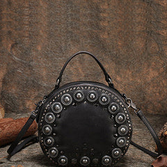 Handmade Womens Gray Leather Round Handbag Purses Rivet Round Shoulder Bag Crossbody Handbag for Women