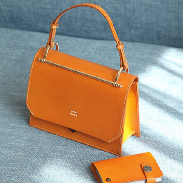 Fashion Womens Tan Leather Flap Over Handbag Purse Handmade Square Crossbody Bag Shoulder Bag Purse