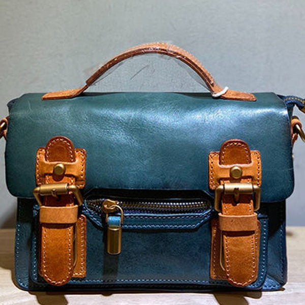 Handmade Small Leather Womens Satchel Shoulder Bags Blue Handbag Crossbody Purse for Ladies