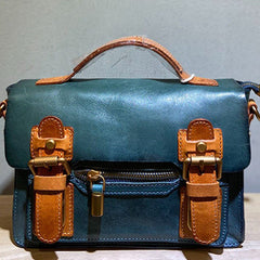 Handmade Small Leather Womens Satchel Shoulder Bags Blue Handbag Crossbody Purse for Ladies