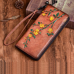 Handmade Womens Brown Leather Plum Blossom Flowers Wristlet Wallet Zip Around Wallet Ladies Zipper Clutch Wallet for Women