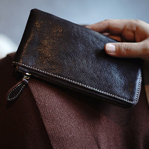 Cute Women Coffee Zip Leather Wallet Zip Clutch Wallet Slim Zip Wallet For Women