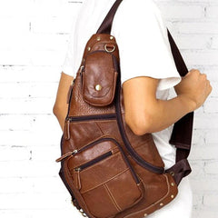 Brown Leather Mens Cool Large Sling Bags Light Brown Crossbody Pack Chest Bag for Men