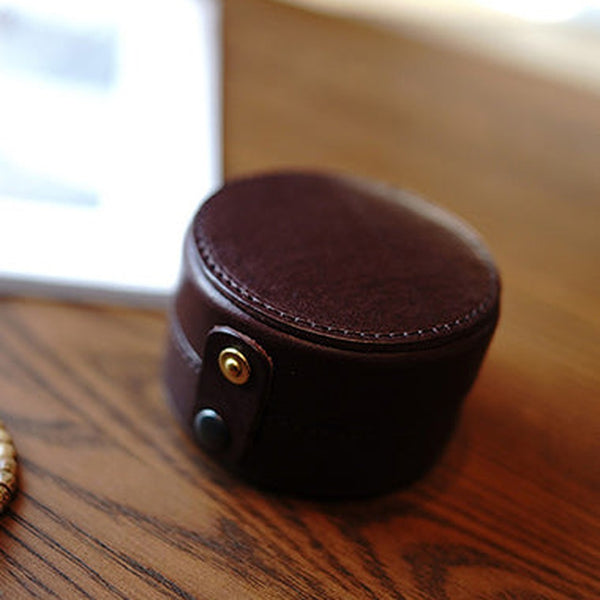 Cute Women Coffee Leather Round Coin Wallet Box Small Portable Jewelry Storage Box For Women